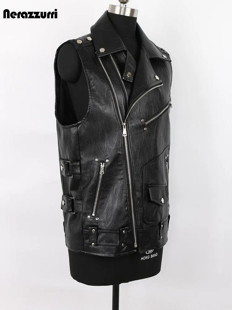 Motorcycle Style PU Leather Sleeveless Vest for Men with Zipper Pockets