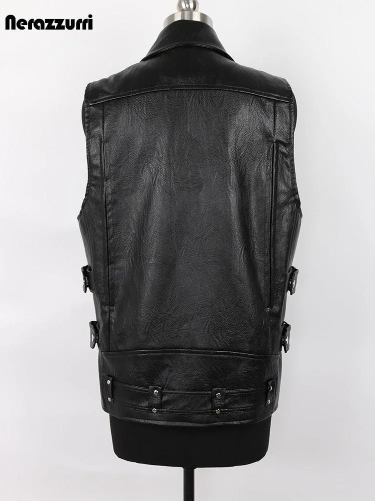 Motorcycle Style PU Leather Sleeveless Vest for Men with Zipper Pockets