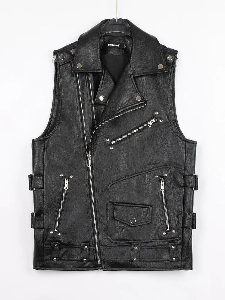 Motorcycle Style PU Leather Sleeveless Vest for Men with Zipper Pockets