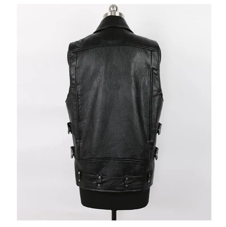 Motorcycle Style PU Leather Sleeveless Vest for Men with Zipper Pockets