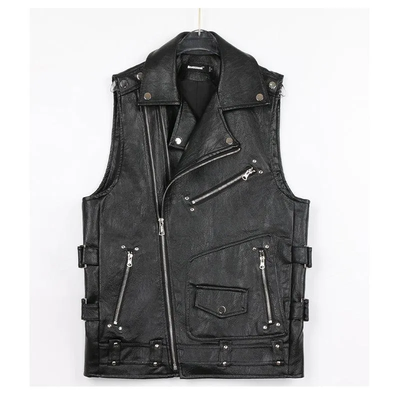 Motorcycle Style PU Leather Sleeveless Vest for Men with Zipper Pockets