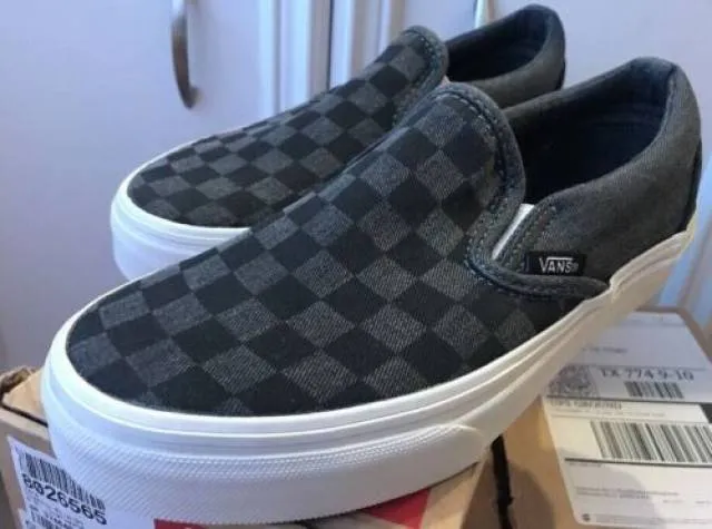 New Vans Slip-on Chex Checker Gray Overwashed Black Wome...