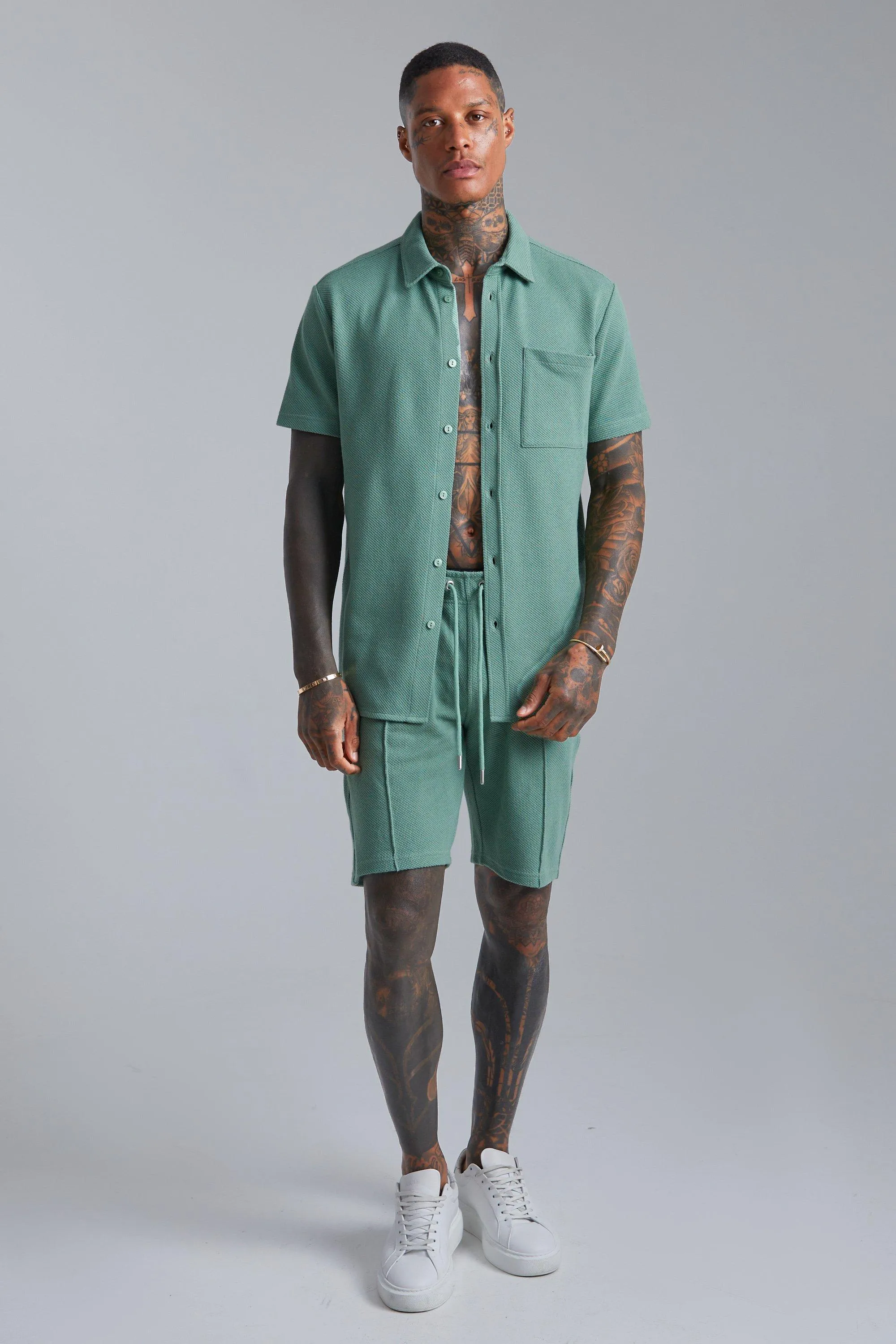 Pique Short Sleeve Shirt And Short Set | boohooMAN UK