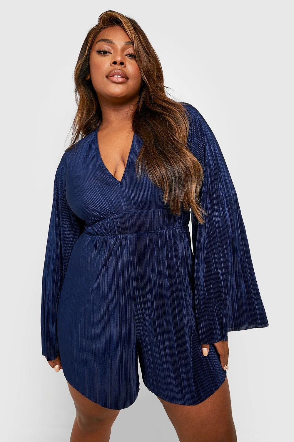 Plus Plisse Plunge Flared Sleeve Romper