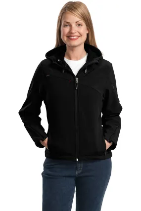 Port Authority Ladies Textured Hooded Soft Shell Jacket L706 Black/Engine Red