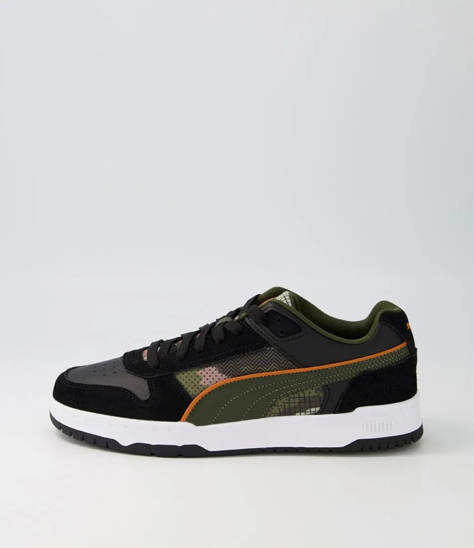 PUMA Rbd Game Low Sashiko Black Olive Orange Leather Sneakers