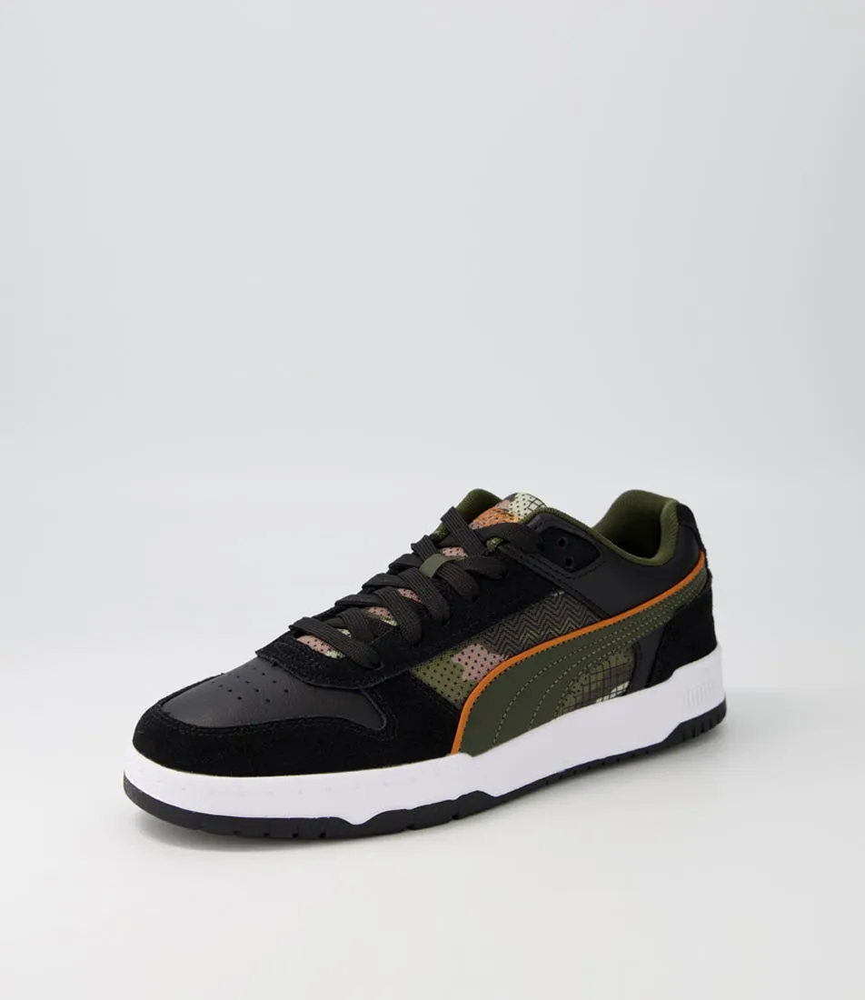 PUMA Rbd Game Low Sashiko Black Olive Orange Leather Sneakers