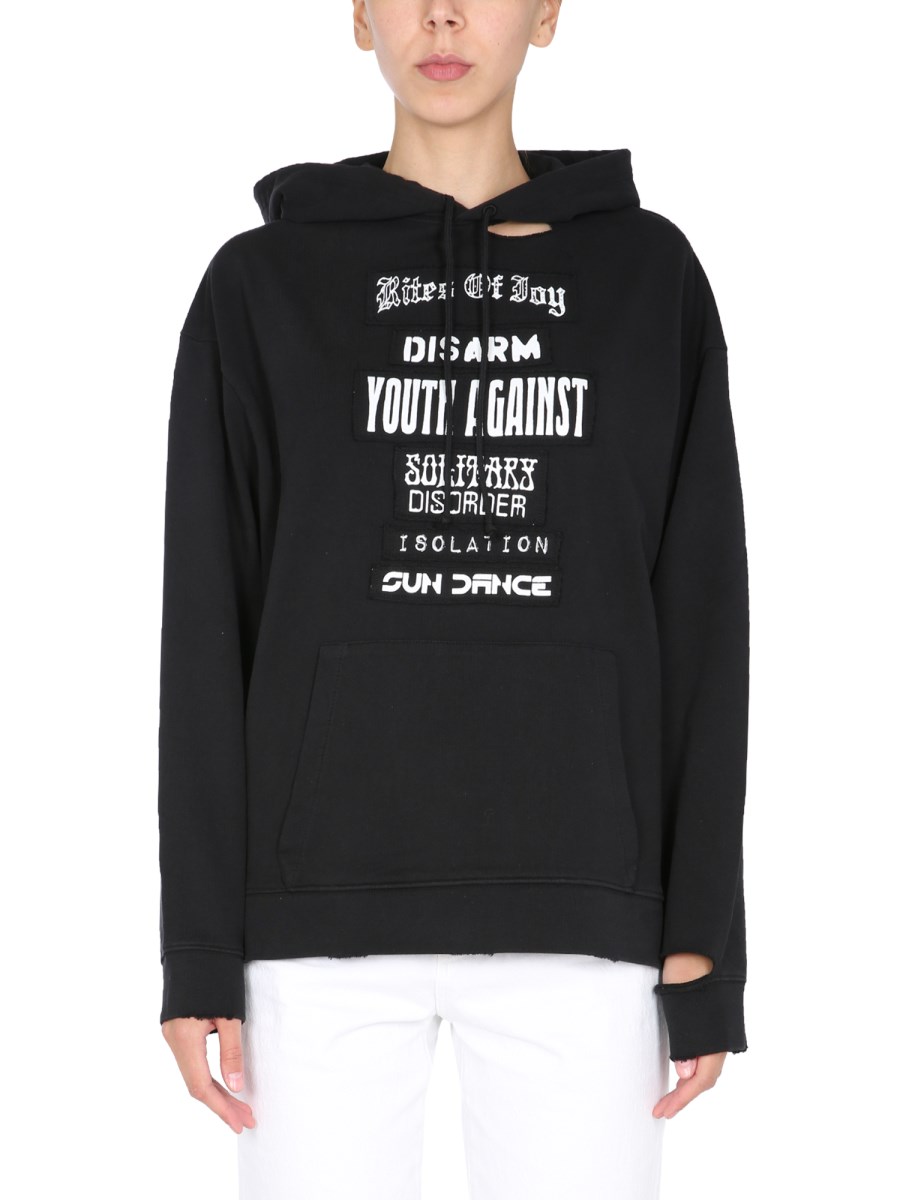 RAF SIMONS    HOODED COTTON SWEATSHIRT WITH RITES OF JOY PATCH