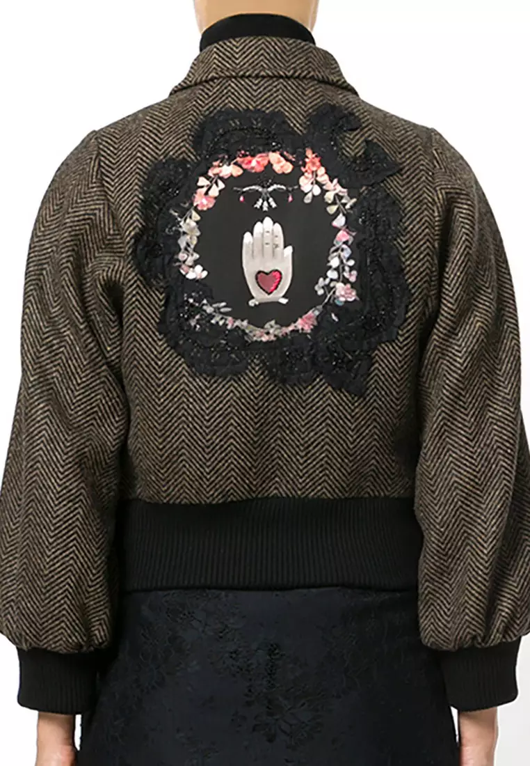 RED Valentino Red Valentino Front Zip And Ribbed Hem Cuffs Embroidered Knit Jacket in Brown,Black