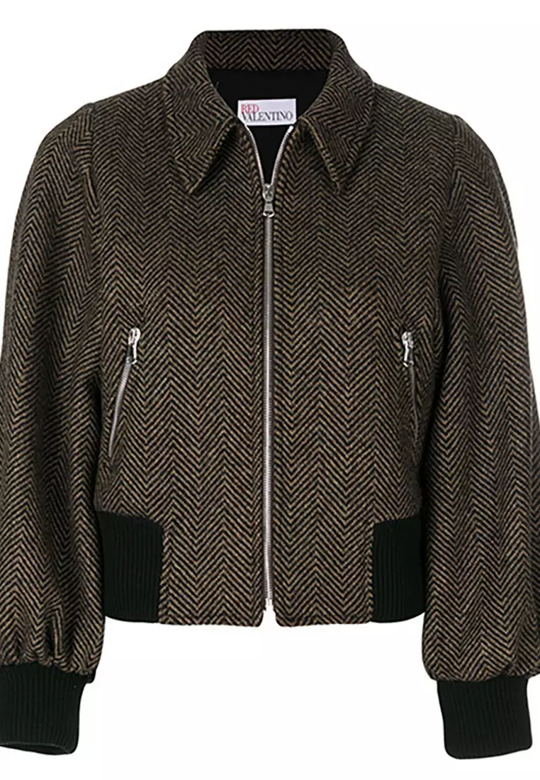 RED Valentino Red Valentino Front Zip And Ribbed Hem Cuffs Embroidered Knit Jacket in Brown,Black