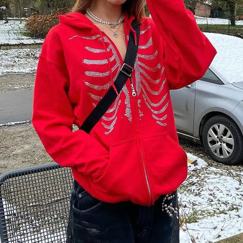 Skellyton Ribs Rhinestone Studded Zip Front Hoodie Red or Black