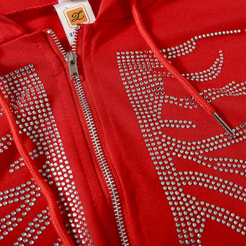 Skellyton Ribs Rhinestone Studded Zip Front Hoodie Red or Black