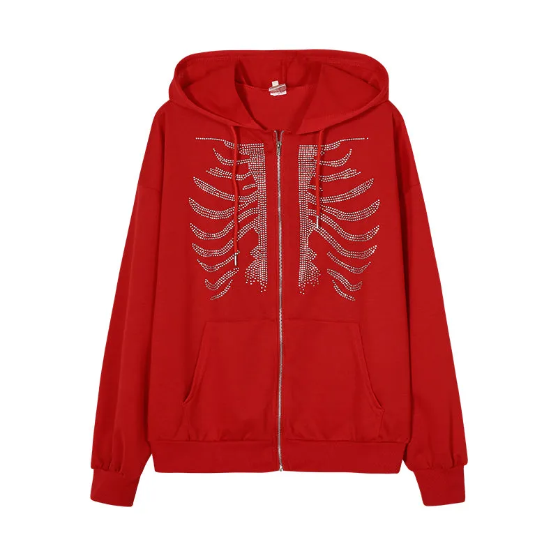 Skellyton Ribs Rhinestone Studded Zip Front Hoodie Red or Black