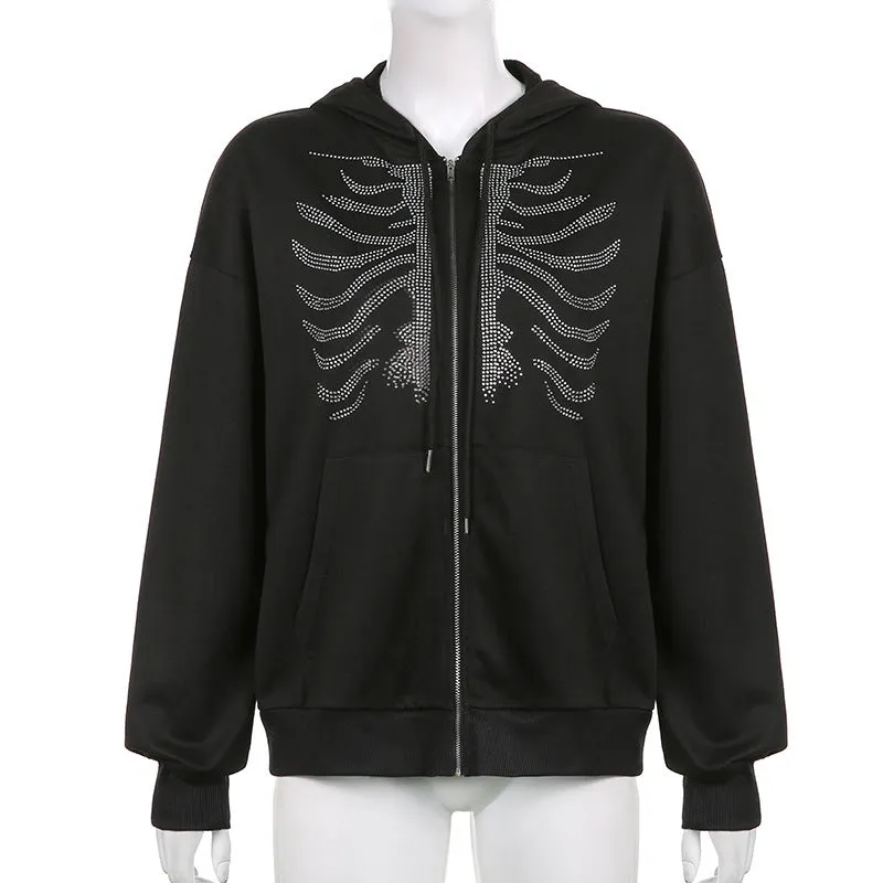 Skellyton Ribs Rhinestone Studded Zip Front Hoodie Red or Black