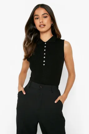 Sleeveless Polo Collar Knitted Bodysuit