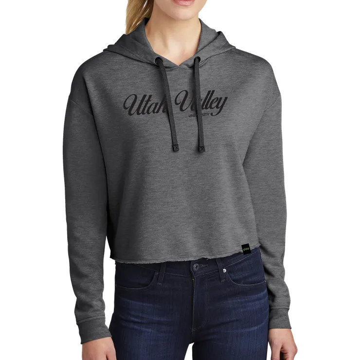 Sport-Tek Ladies PosiCharge Tri-Blend Wicking Fleece Crop Hooded Pullover - UV Cursive