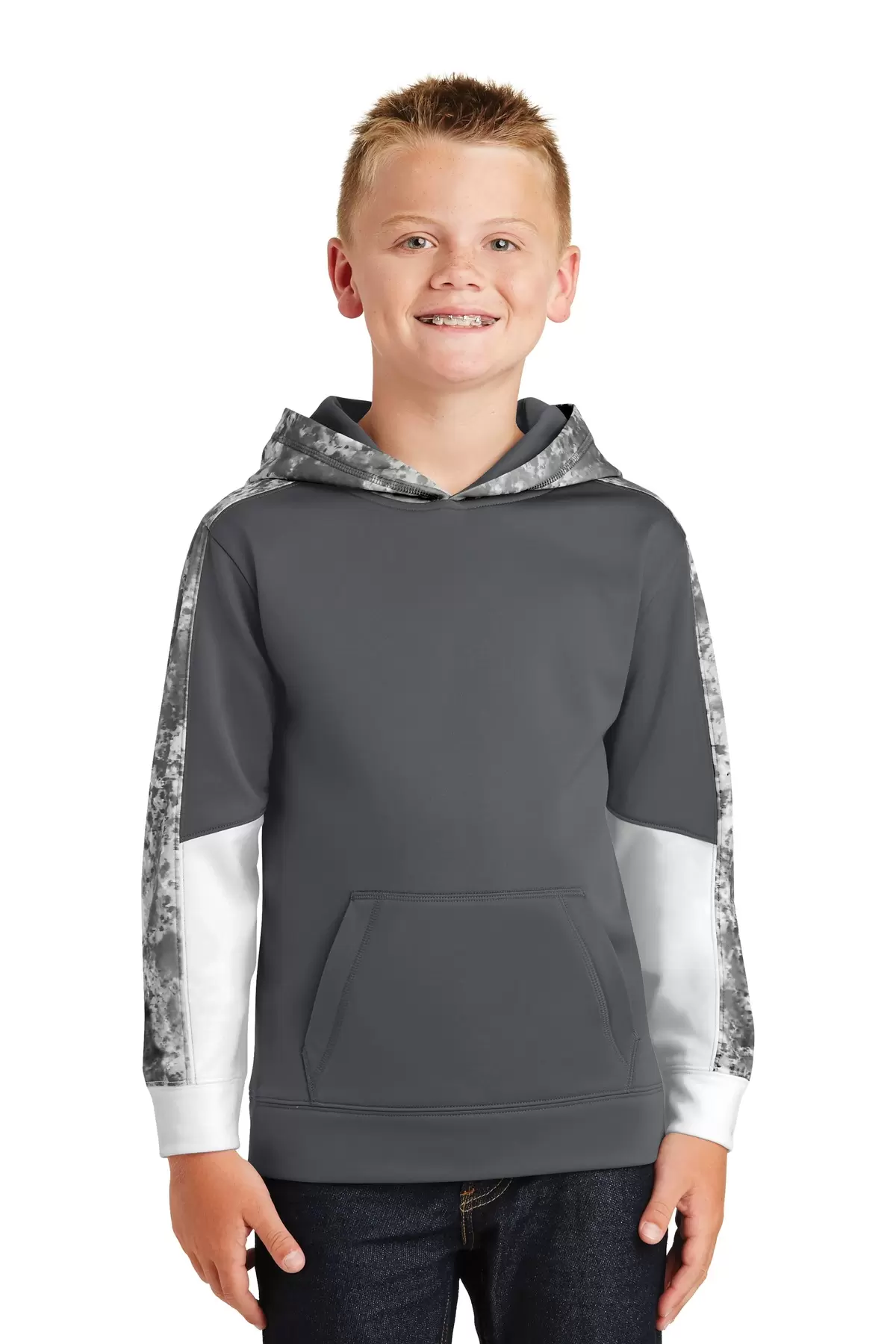 Sport Tek YST231 Sport-Tek Youth Sport-Wick Mineral Freeze Fleece Colorblock Hooded Pullover SKU: YST231