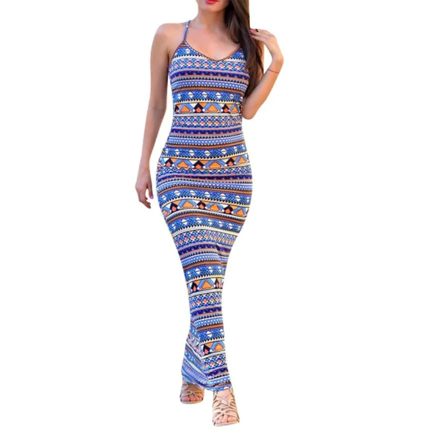 Summer Sexy Slim Long Maxi Dress Women Beach Vest Sundress Bandage Condole Belt Print Dress Vestido De Verao#3546 SM6