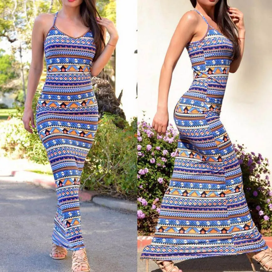 Summer Sexy Slim Long Maxi Dress Women Beach Vest Sundress Bandage Condole Belt Print Dress Vestido De Verao#3546 SM6