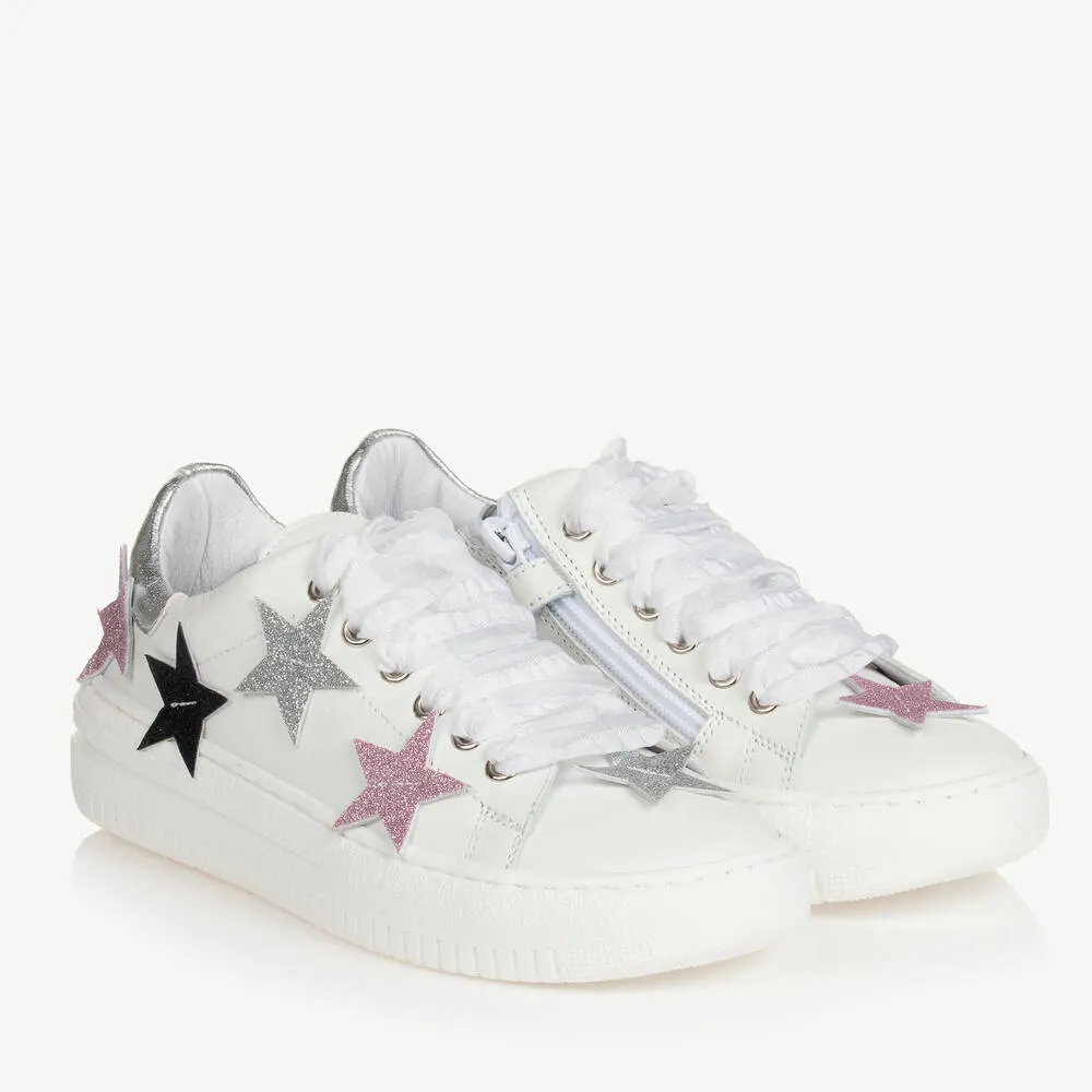 Teen Girls White Leather Stars Trainers