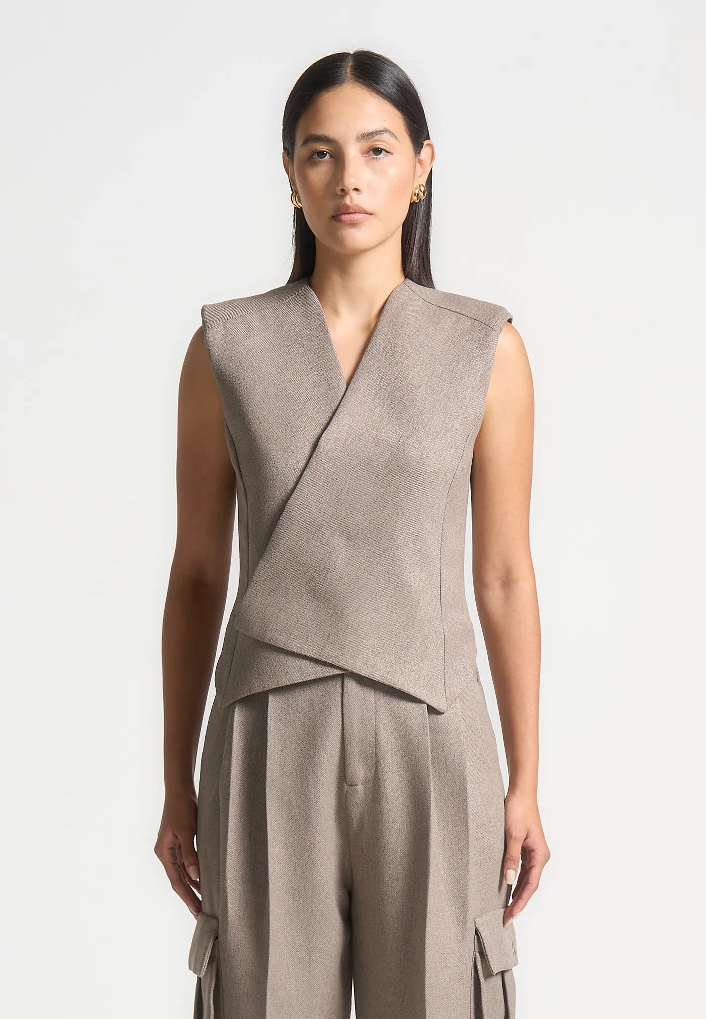 Textured Tailored Wrap Waistcoat - Taupe