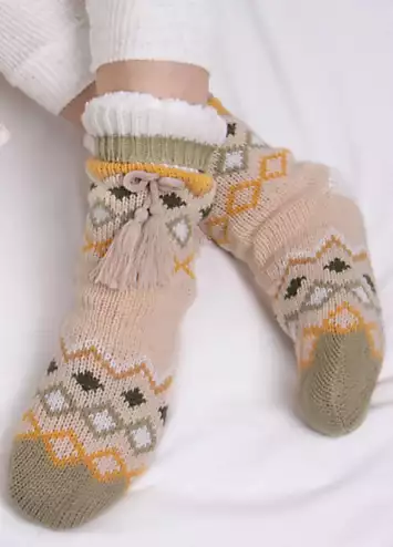 Totes Ladies Fair Isle Sherpa Lined Slipper Socks | Kaleidoscope