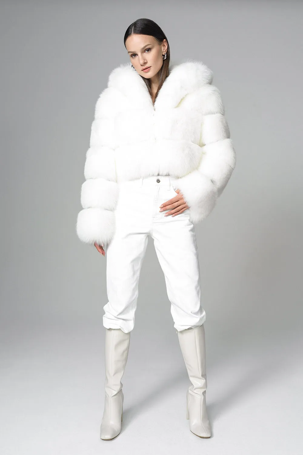 White Hooded Arctic Fox Raccoon Fur Jacket