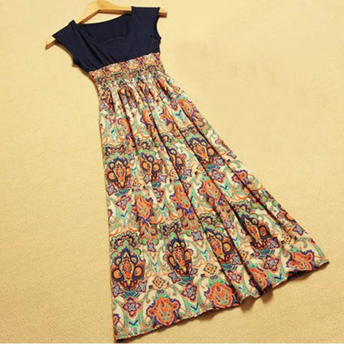 Women Dress Flower Print Bohemian Beach Vestidoes Sleeveless Vest Maxi Long Dress Happy #S782