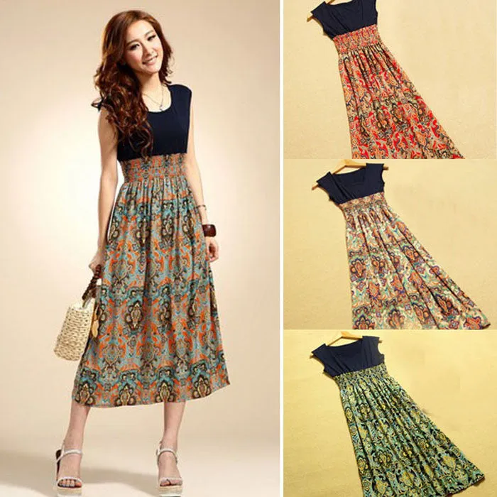 Women Dress Flower Print Bohemian Beach Vestidoes Sleeveless Vest Maxi Long Dress Happy #S782