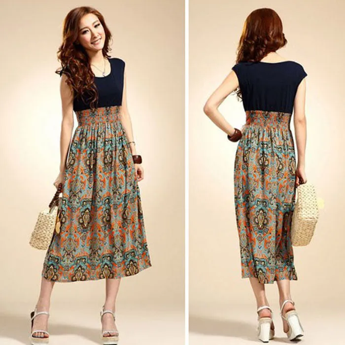 Women Dress Flower Print Bohemian Beach Vestidoes Sleeveless Vest Maxi Long Dress Happy #S782