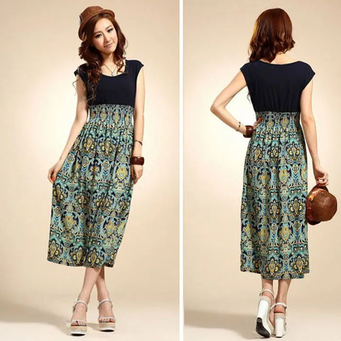 Women Dress Flower Print Bohemian Beach Vestidoes Sleeveless Vest Maxi Long Dress Happy #S782