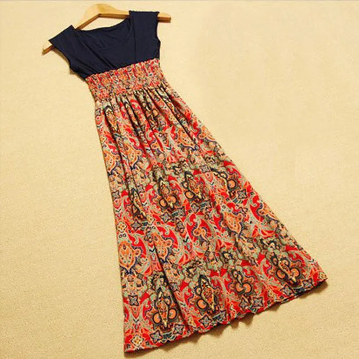 Women Dress Flower Print Bohemian Beach Vestidoes Sleeveless Vest Maxi Long Dress Happy #S782