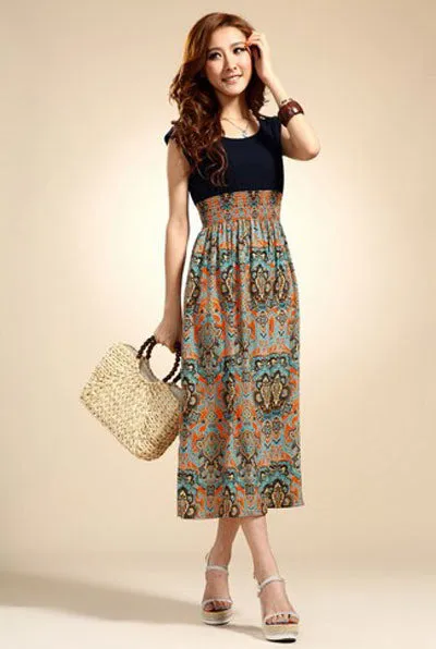 Women Dress Flower Print Bohemian Beach Vestidoes Sleeveless Vest Maxi Long Dress Happy #S782