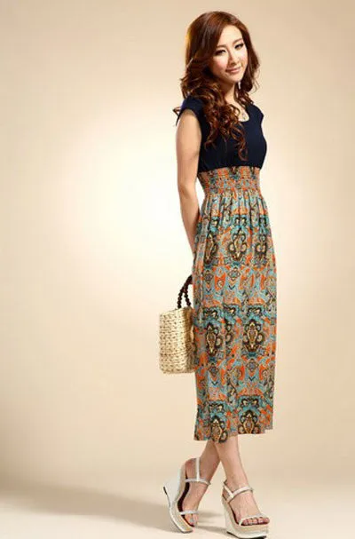 Women Dress Flower Print Bohemian Beach Vestidoes Sleeveless Vest Maxi Long Dress Happy #S782