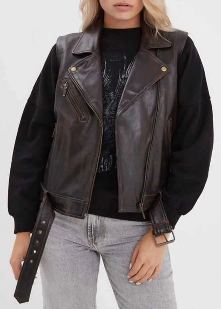 Women's black leather vest aged cognac biker style rose garden madeline