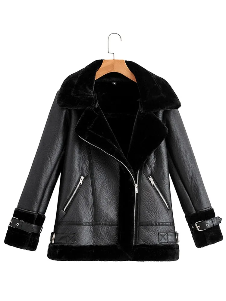 Women's Winter Soft Synthetic Sheepskin Leather Moto Biker Aviator Jacket