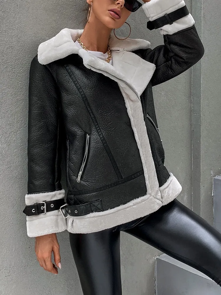 Women's Winter Soft Synthetic Sheepskin Leather Moto Biker Aviator Jacket