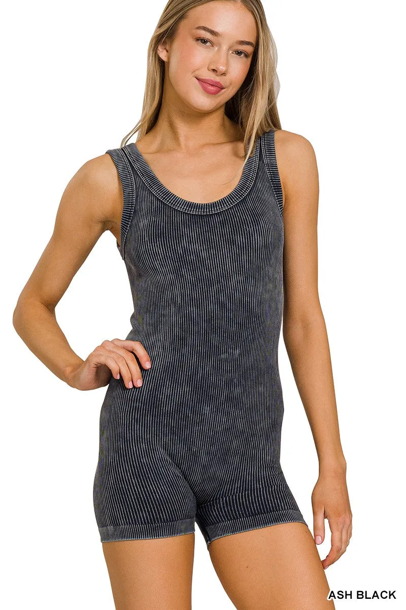 Zenana Stone Washed Ribbed Seamless Sport Romper NPW-6370 Ash Black