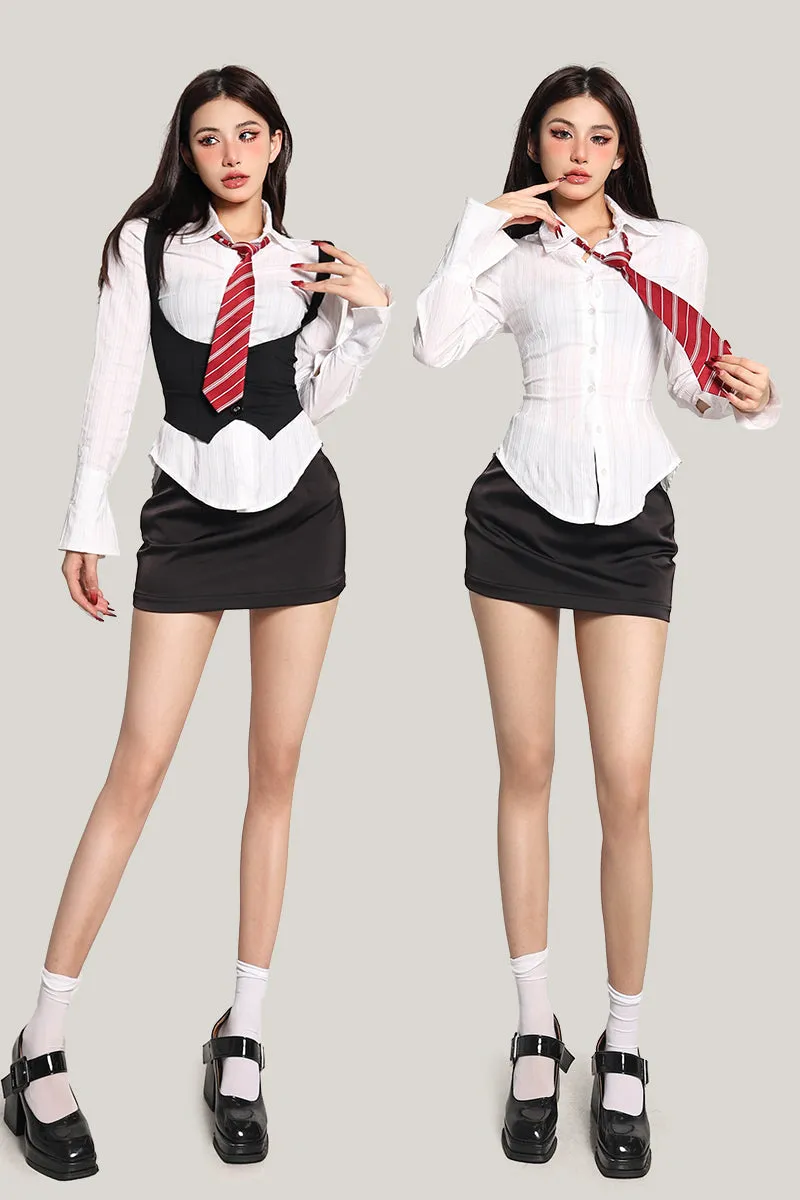 Zion Solid Color White Long Sleeve Button Up Office Shirt Black Vest High Waist Mini Skirt Three-piece Matching Set