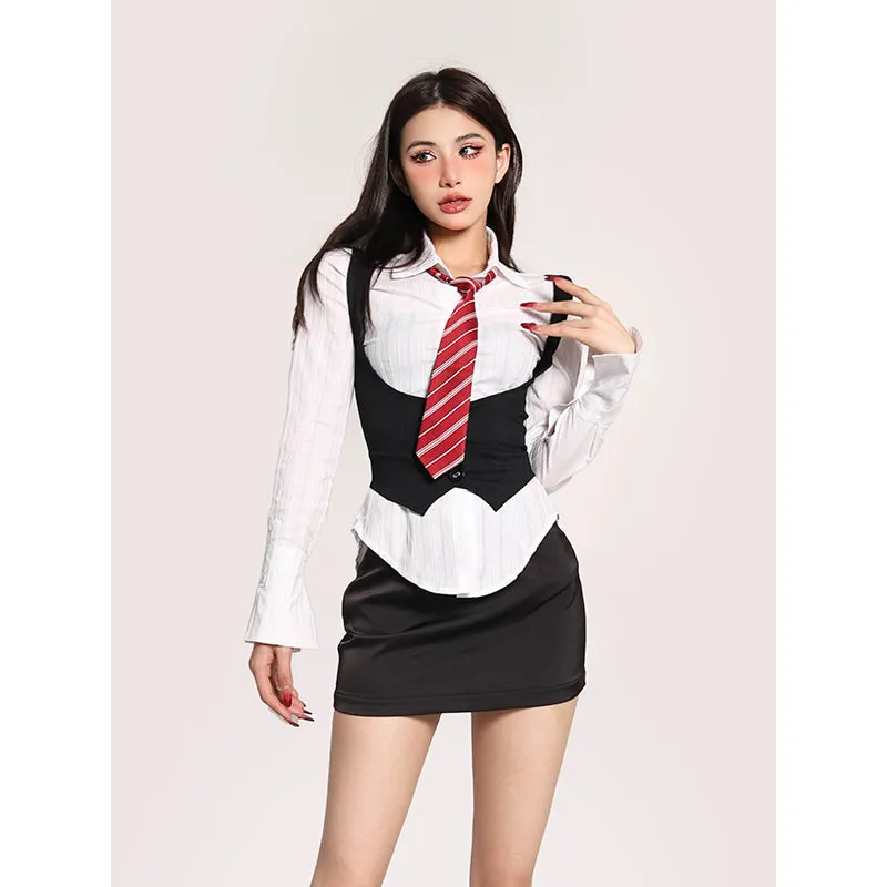 Zion Solid Color White Long Sleeve Button Up Office Shirt Black Vest High Waist Mini Skirt Three-piece Matching Set