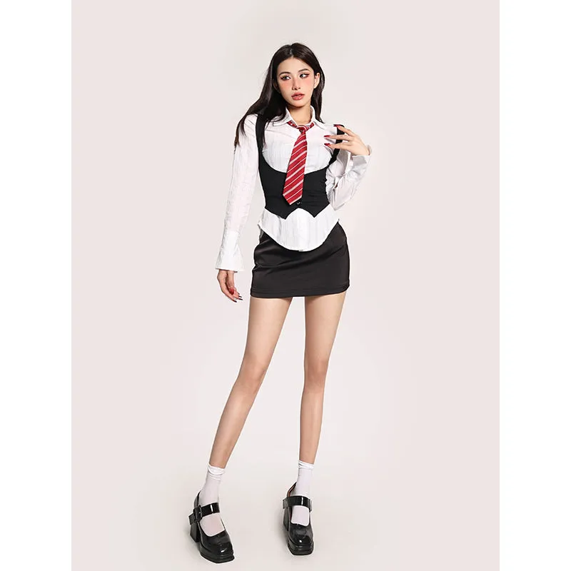 Zion Solid Color White Long Sleeve Button Up Office Shirt Black Vest High Waist Mini Skirt Three-piece Matching Set