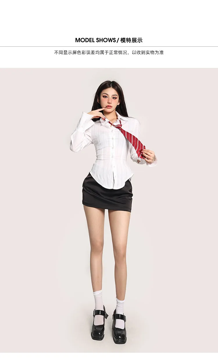 Zion Solid Color White Long Sleeve Button Up Office Shirt Black Vest High Waist Mini Skirt Three-piece Matching Set